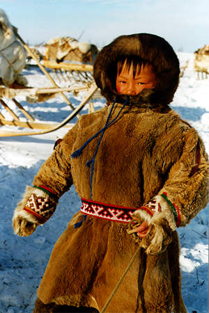 A Nenets child in reindeer-pelt clothing